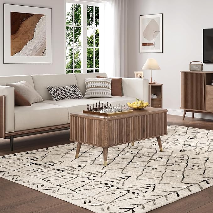 Lift Top Coffee Table with Storage, Mid Century Modern Fluted Wood Design,Pop-Up Walnut Center Table with Hidden Compartment for Living Room & Home Office Work/Dining