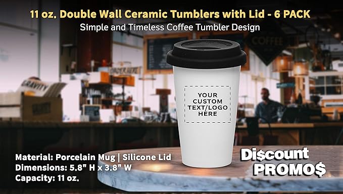 Personalized 11 oz. Double Wall Ceramic Tumblers with Lid - 6 Pack - Custom Text, Logo - Black