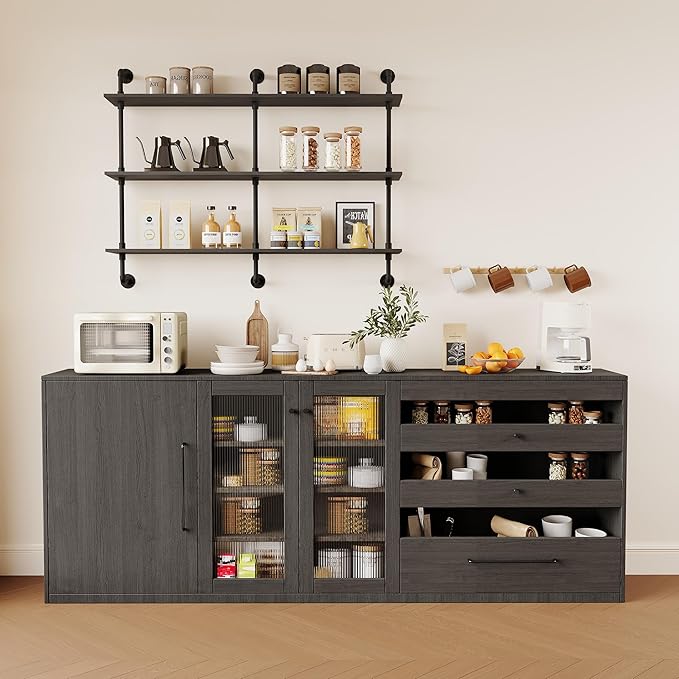 3-Tier Industrial Pipe Floating Shelf – Rustic 60 inch Wood Wall-Mounted Storage Shelf for Kitchen Office,Bathroom & Home Decor -Black