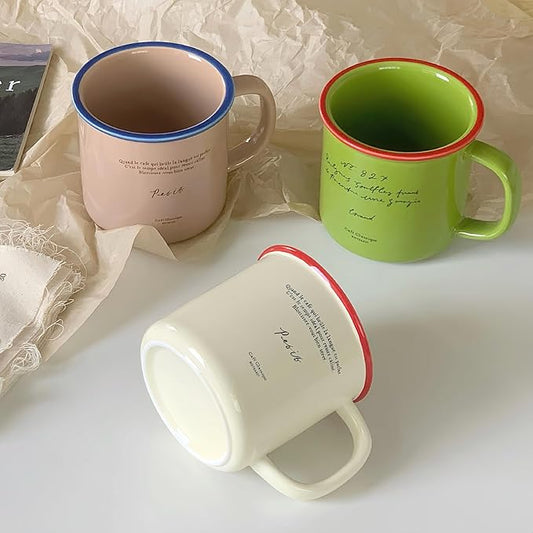 10 oz Retro Enamel-Style Coffee Mug, Minimalist Colorful Rim Ceramic Cups With Text Deign & Colorful Rims (White)