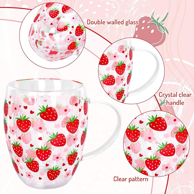 JarThenaAMCS Strawberry Double Wall Glass Coffee Mugs 12Oz Sweet Berry Flower Insulated Glasses Clear Espresso Cups with Handle for Home Holiday Supplies, Set of 2