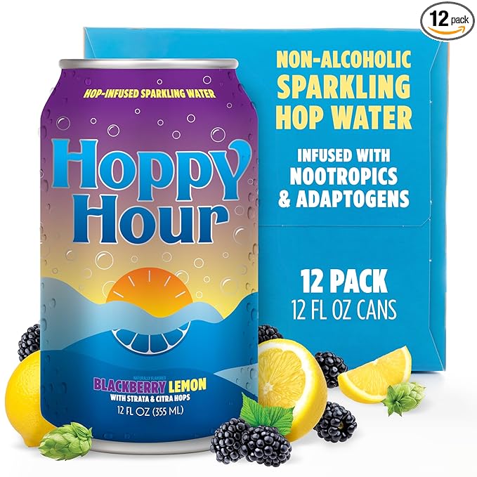 Hoppy Hour Sparkling Hop Water, Non-Alcoholic and Adaptogens Drink, Zero Sugar and Calories, Refreshing Blackberry Lemon Flavor, 12 oz Cans (12-Pack)