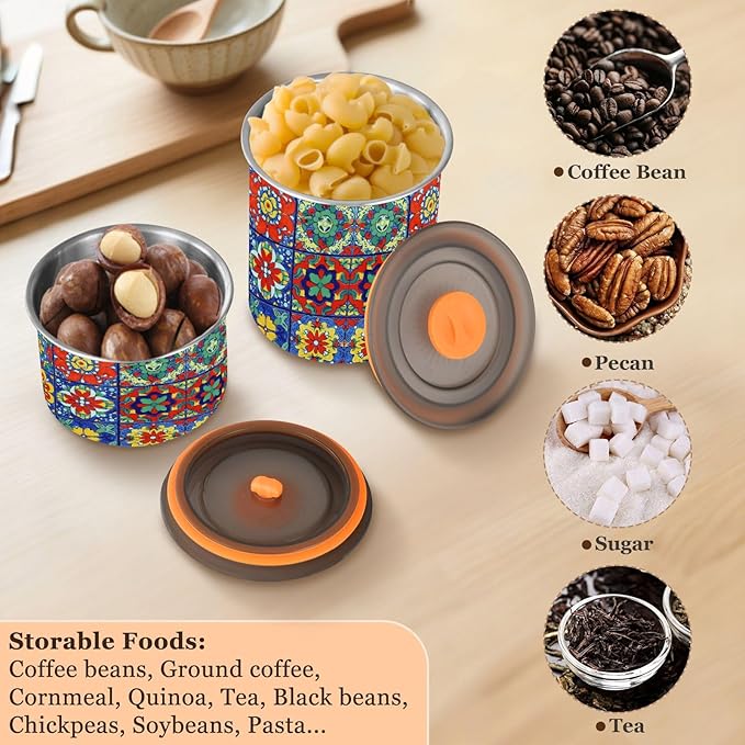 Stainless Steel Coffee Storage Containers with Airtight Lid, Colorful Mexican Talavera 30oz Food Storage Container Kitchen Canister for Tea, Coffee Beans, Ground, Sugar Storage