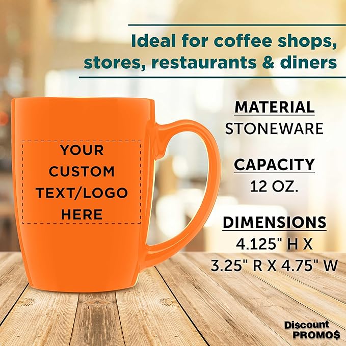 DISCOUNT PROMOS Custom Curved Java Coffee Mug 12 oz. Set of 10/50/100 - Personalized Bulk Pack - Stoneware Restaurant Cups - Orange