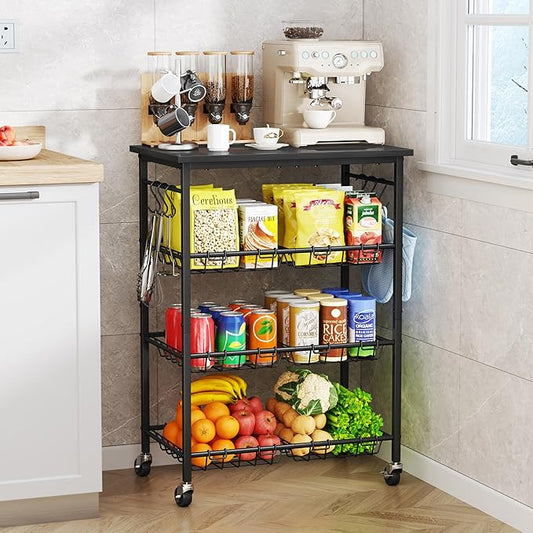 SWTYMIKI Rolling Kitchen Storage Cart - 4 Tier Microwave Table Stand with 6 Storage Baskets, Coffee Bar with Wheels, Kitchen Utility Cart Shelf Rack Organizer for Fruit, Vegetables, Potato (Black)