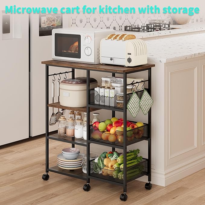 HapiRm Rolling Kitchen Carts with Storage - Microwave Table Stand with 6 Hooks & 3 Baskets, kitchen Island Cart on Lockable Wheels, 28.3" L × 14.6" W Bakers Rack Cart for Dining Room Coffee Bar Office