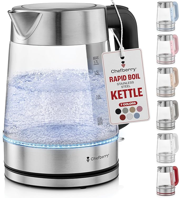 Electric Kettle for Boiling Hot Tea & Water | 1.7L Stainless Steel Borosilicate Glass Boiler With No Plastic, Automatic Shutoff, BPA Free, Fast Heating Technology (Black)