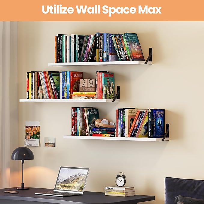 upsimples Floating Book Shelves for Wall, 35.4 Inches Long Floating Wood Shelves for Living Room, Library, Bedroom, Office Organizer and Storage, White