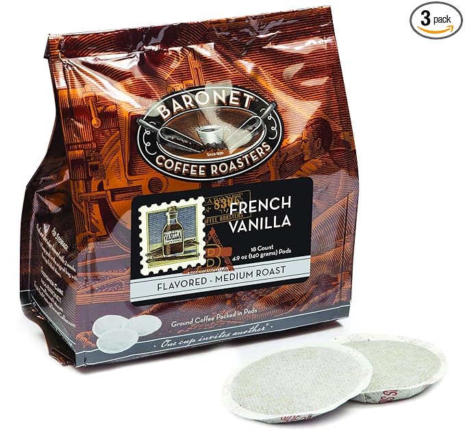 Baronet Coffee Pods [French Vanilla Flavored-54 Pods] Single Cup Use for Senseo Machine - 3 Bags of 18 Single Serve 8 Gram, Regular Strength, Medium Roast [French Vanilla]