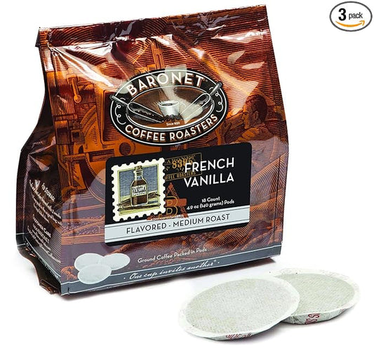 Baronet Coffee Pods [French Vanilla Flavored-54 Pods] Single Cup Use for Senseo Machine - 3 Bags of 18 Single Serve 8 Gram, Regular Strength, Medium Roast [French Vanilla]
