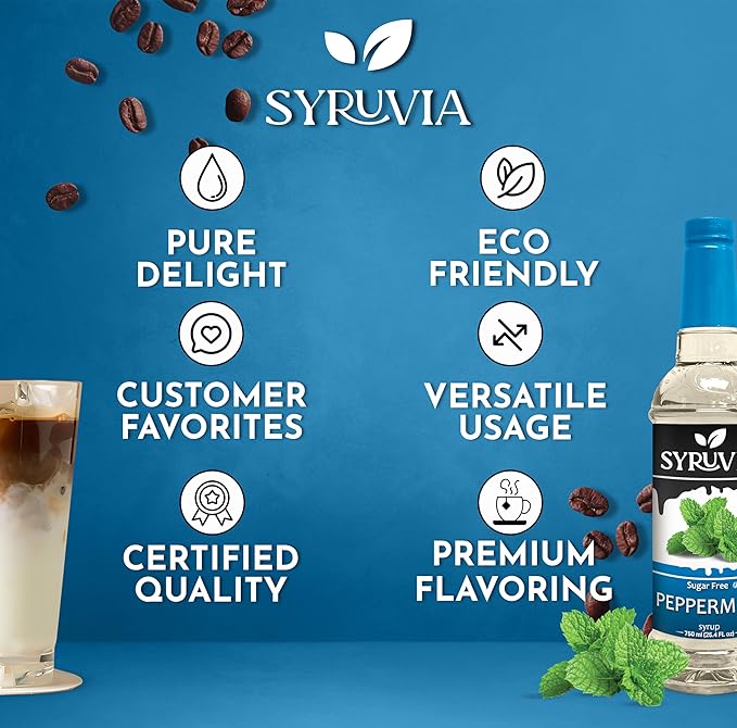 Syruvia Sugar Free Peppermint Syrup for Coffee, Flavored Syrup for Drinks, Lattes, and Desserts – 25.4 fl oz, With Pump