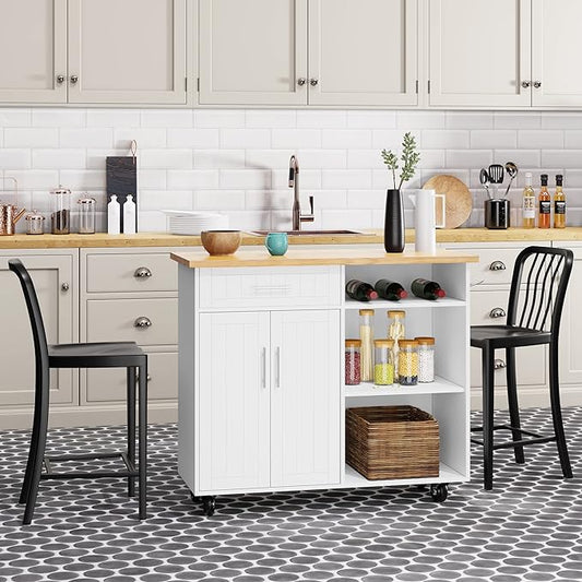 Shintenchi Kitchen Island Cart with Storage,Rolling Kitchen Island Side Table on Wheels with Large Worktop,Storage Cabinet,Towel Rack and Drawers for Kitchen,Dinning Room,Black