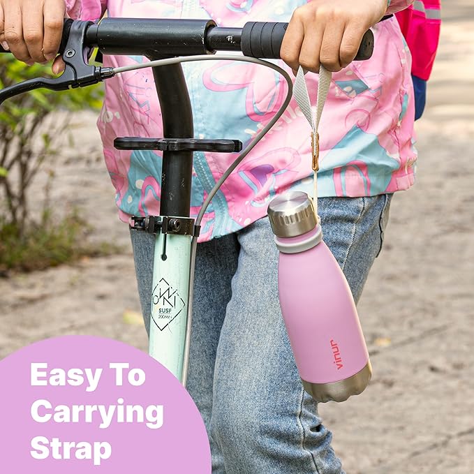 VINUR 9 oz Small Water Bottle for Kids-Stainless Steel Vacuum Insulated Water Bottle for School-Cola Shape Leak Proof Flask with Carry Rope, Purple