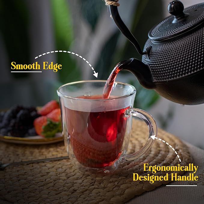 AYL Double Wall Coffee Mugs with Handle (9oz) - Insulated Glass Cups for Tea, Coffee, Cappuccino, Espresso & Latte - Elegant & Clear Beverage Glasses