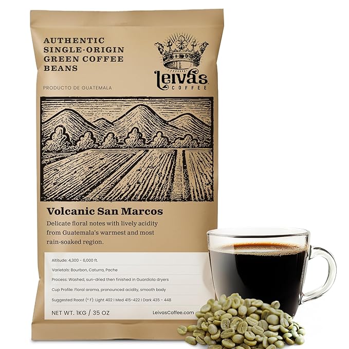 Leiva’s Unroasted Green Coffee Beans (1kg) – Volcanic San Marcos Single Origin Coffee w/Floral Notes – Washed, Shade Grown Organic Guatemala Beans – Lively Acidity, Whole Bean Unroasted Blend