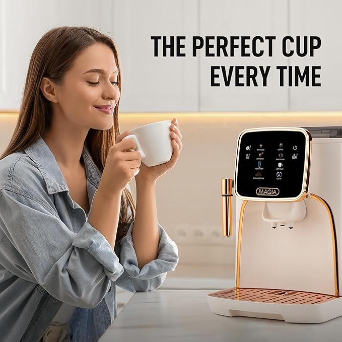 Zulay Kitchen Magia Clasica Automatic Espresso Machine with Built-In Grinder, Touch Panel Coffee Maker, Steam Wand Milk Frother, Adjustable Strength, Self-Cleaning, Cream & Copper