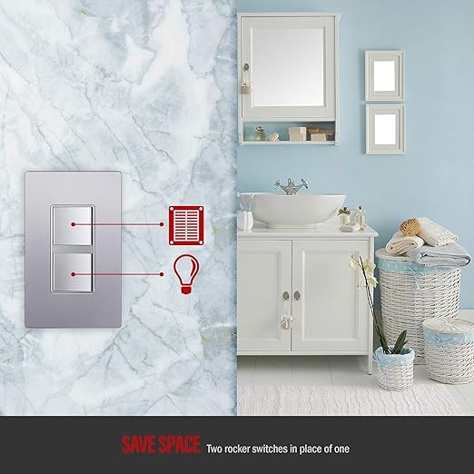 ENERLITES Double Paddle Rocker Decorator Switch, Ground Terminal, Clamp-Type Back Insert Wiring, Copper Wires Only, Single Pole, Residential/Commercial Grade, 15A 120-277VAC, 62834-SV, Silver