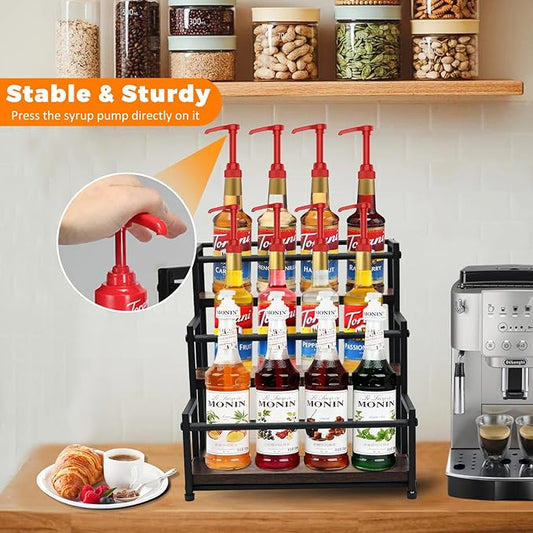 STAEVER Coffee Syrup Rack - 3-Tier 12 Syrup Bottles Holder - Liquor Bottle Display Shelf - Kitchen Cabinet Organizer for Jars, Condiments - Wooden Countertop Organizer for Seasonings, Tea, or Coffee