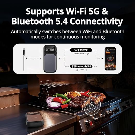 INKBIRD WiFi 5G Wireless Meat Thermometer Digital, 4 Sensor Smart Bluetooth Digital Food Thermometer, NIST Approved Accuracy 0.5°F, Temp Alarms for Rotisserie Air Fryer Sous Vide Grill Oven BBQ