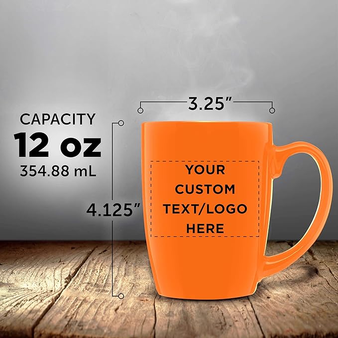 DISCOUNT PROMOS Custom Curved Java Coffee Mug 12 oz. Set of 10/50/100 - Personalized Bulk Pack - Stoneware Restaurant Cups - Orange
