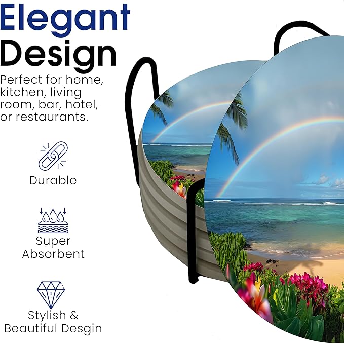 Summer Sunshine Beach Season Leaves Round Coasters Set of 6 - Abosrbent Ceramic Coasters with Metal Stand for Drinks, Coffee, Non-Slip Cork Back for Tabletop Protection, 4 Inches (Rainbow)