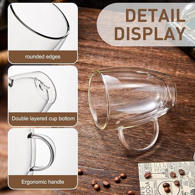 4-Pack 12 Oz Double Walled Glass Coffee Mugs with Handle, Insulated Layer Coffee Cups, Clear Borosilicate Glass Mugs, Gift for Cappuccino,Tea,Latte,Espresso,Hot Beverage,Wine, Microwave Safe, Set of 4