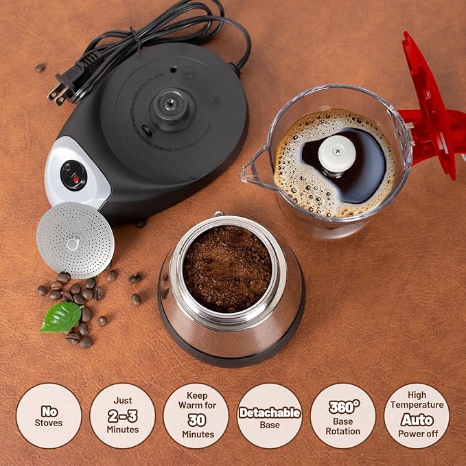 Electric Moka Pot 6 Cup 300ml Plastic Transparent Stovetop Espresso Maker Portable Stainless Steel Mocha Pot Percolator Italian Coffee Makers Greca Machine Cafe Classic for Home Camping