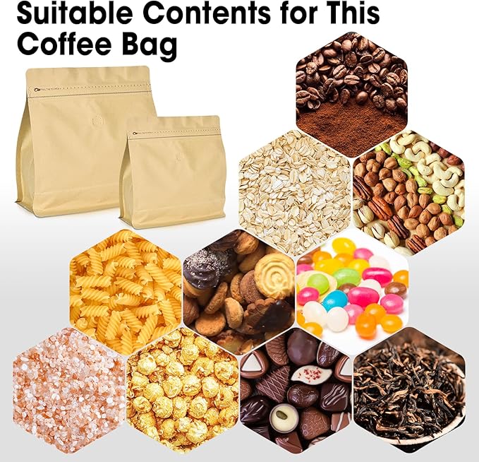 50 Count 16oz Coffee Bags with Valve,1lb Vented Coffee Beans Packaging Bags High Barrier Aluminumed Foil Flat Bottom Heat Sealed Side Zipper Resealable Storage Bag for Home or Business（Kraft paper）