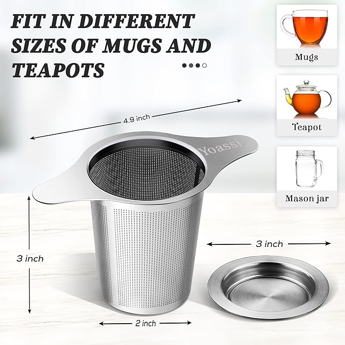 Extra Fine 18/8 Stainless Steel Tea Infuser Mesh Strainer with Large Capacity & Perfect Size Double Handles for Hanging on Teapots, Mugs, Cups to Steep Loose Leaf Tea and Coffee (2 Pack)