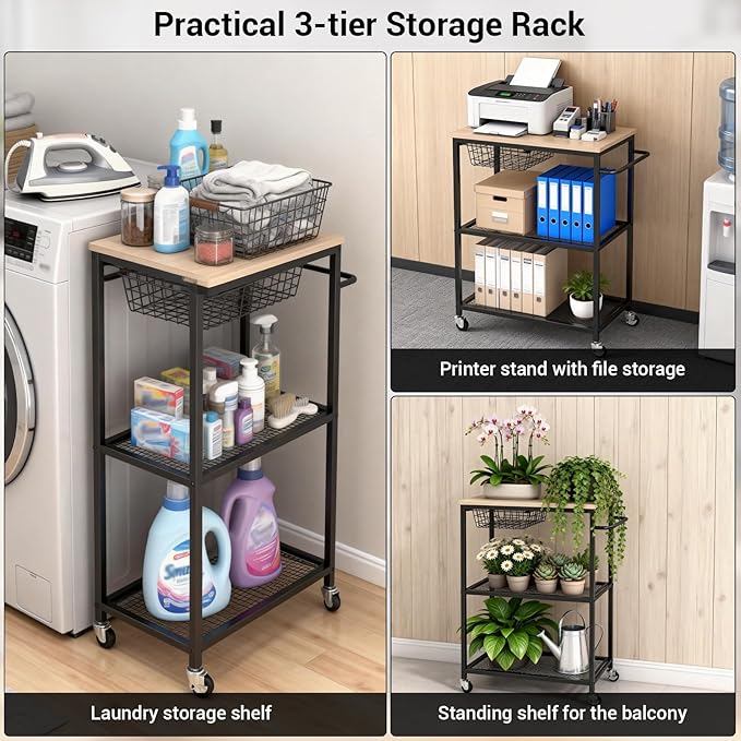 Rolling Kitchen Carts on Wheels, 3 Tier Mobile Utility Cart with Wood Tabletop Storage Cart, Metal Serving Carts with Handle and Shelf Liner for Island Restaurant Coffee Bar Living Room Office Black
