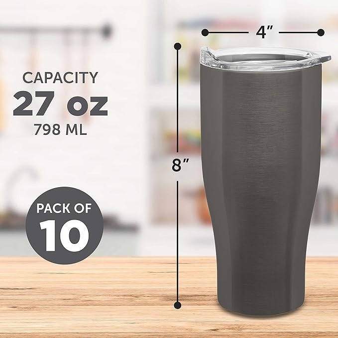 DISCOUNT PROMOS Stainless Steel Grip Travel Mugs 27 oz. Set of 10, Bulk Pack - Perfect for Coffee, Soda, Other Hot & Cold Beverages - Smoke