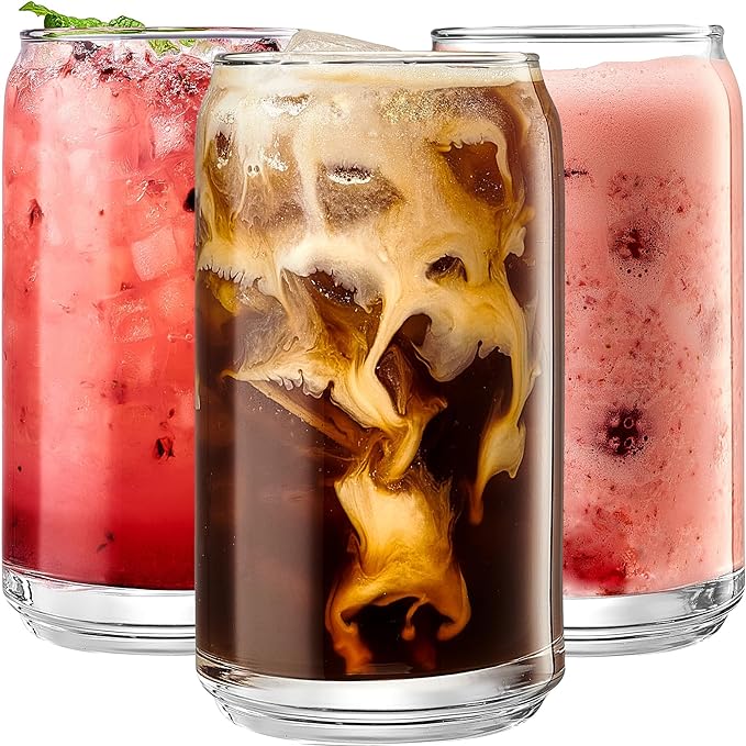 Le'raze Set of 6 Patented Can Shaped® Drinking Glasses - 16oz Clear Goblet Glass Cups for Margarita, Cocktails, Iced Coffee, Tea, Soda, Whiskey, Water and Beer