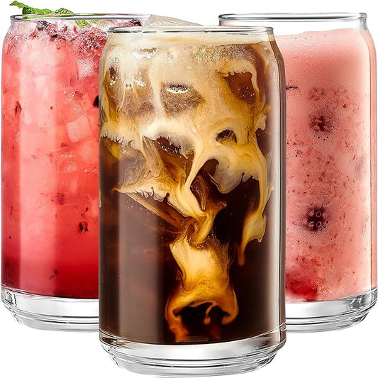 Le'raze Set of 6 Patented Can Shaped® Drinking Glasses - 16oz Clear Goblet Glass Cups for Margarita, Cocktails, Iced Coffee, Tea, Soda, Whiskey, Water and Beer