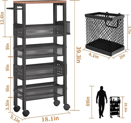 TORIBIO Slim Storage Cart, 5 Tier Narrow Kitchen Rolling Cart with Wheels for Small Space,Mobile Utility Cart Shelving Unit with Metal Frame and Wooden Top for Kitchen, Bathroom, Laundry Room