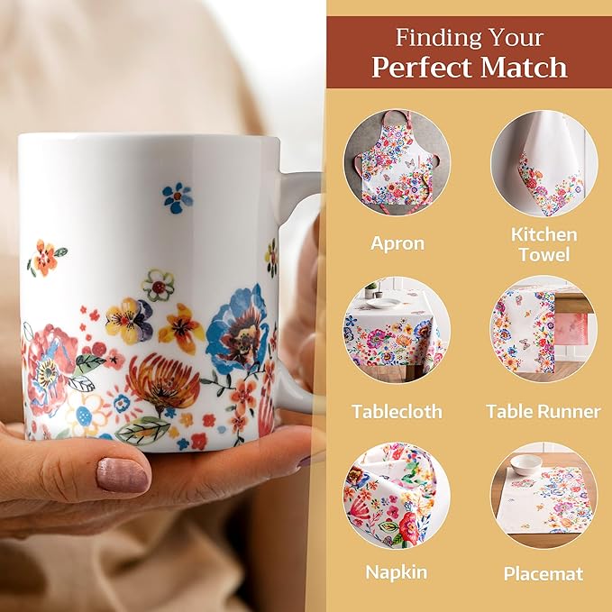Maison d' Hermine Coffee Mug with Handles Fine Bone China Mugs Pack of Two Tea Cups for Hot Beverages Cappuccino Latte Home Restaurant Office Perfect for Gift (Happy Florals - High Summer, 15 Ounce)