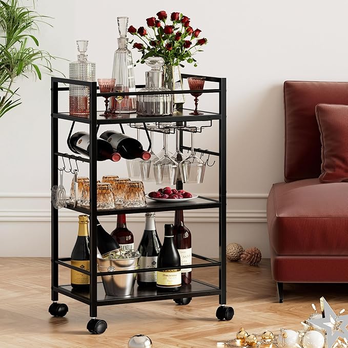 Bar Cart, Serving Cart for Home, Microwave Cart, Drink Cart, Mobile Kitchen Shelf with Wine Rack and Glass Holder, Rolling Beverage Cart for Dining Room, Grey