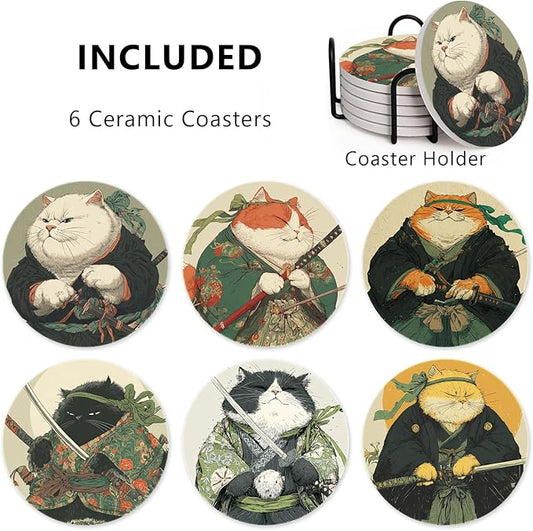 6Pcs Cat Coasters Ninja Edition with Holder, Funny Anime Cat Ceramic Drink Coaster for Kinds of Cups Coffee Table Decor Cats Lover Gifts