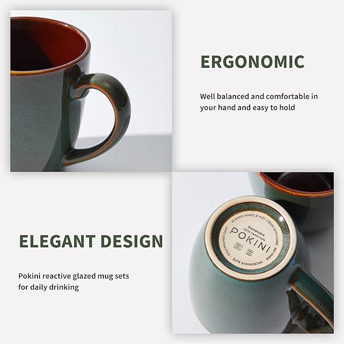 Coffee Mug 14 oz, Ceramic Coffee Mugs Set of 4, Reactive Glaze Mug for Latte/Tea/Cappuccino, Large Stackable Mug Set for Men, Women, Dad, Mom, Dishwasher & Microwave Safe, Brown Green