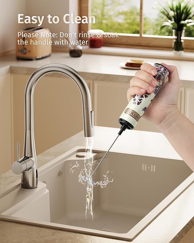 INFOOD Milk Frother Rechargeable with Cover - Coffee Frother Wand, Drink Mixer Handheld with 2 Detachable Stainless Whisks 2 Speed Adjustable for Latte, Cappuccino, Hot Chocolate, Egg, Vintage Floral
