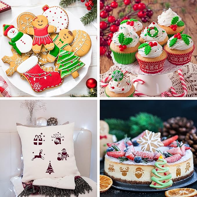 Honeydak 60 Pcs Christmas Stencils Crafts Reusable for Painting on Wood Coffee Cake Stencils Small 3.4X 2.6 inch for Holiday Ornament DIY(Snowman Style)