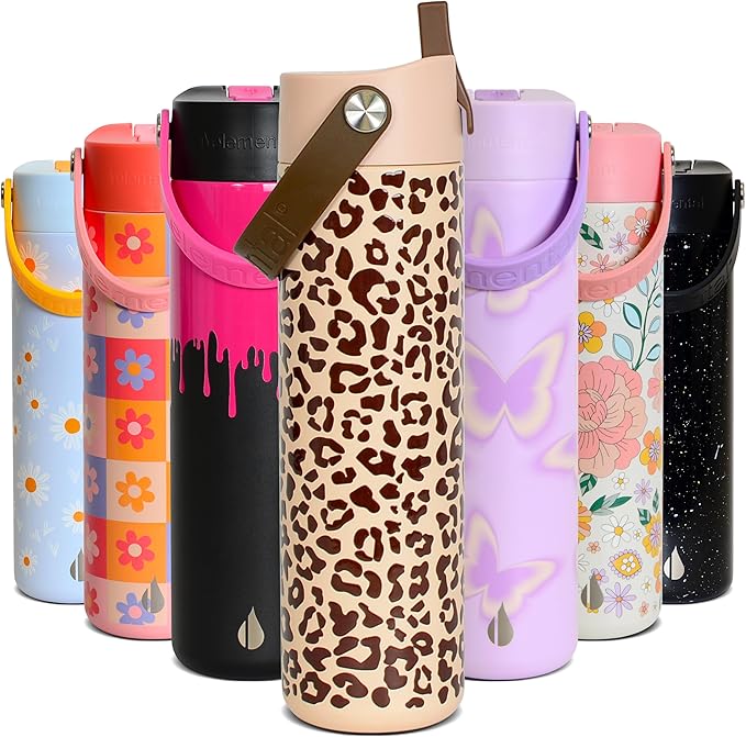 Elemental 24oz Insulated Water Bottle with Straw - 100% Leak-Proof Stainless Steel Core Water Bottles for Travel, Sports and Gym - Double Wall Insulation & BPA Free - Beige Leopard