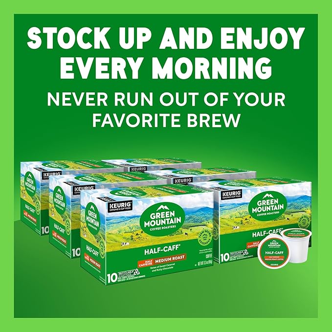 Green Mountain Coffee Roasters Half Caff, Keurig Single Serve K-Cup Pods, Medium Roast Coffee, 60 Count, (6 Packs of 10)