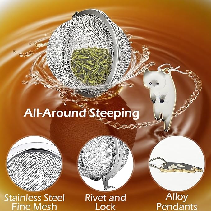 Cat Tea Infuser Set 2PCS, Loose Leaf Tea Strainers with Cute Alloy Charm, Stainless Steel Mesh Steeper for Flower Fruits Spices Herbal Tea and Cold Brew