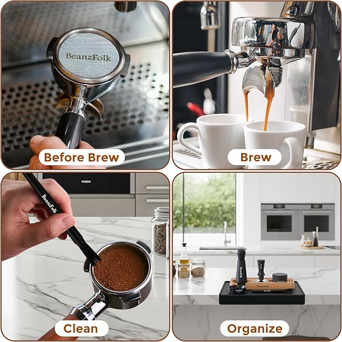 8-Piece Espresso Accessories Set – 53 mm Tools for 54 mm Portafilters – Tamper Station, Coffee Tamper, Distributor/Leveler, WDT Tool, Dosing Ring, Cleaning Brush, Puck Screen & Silicone Mat.