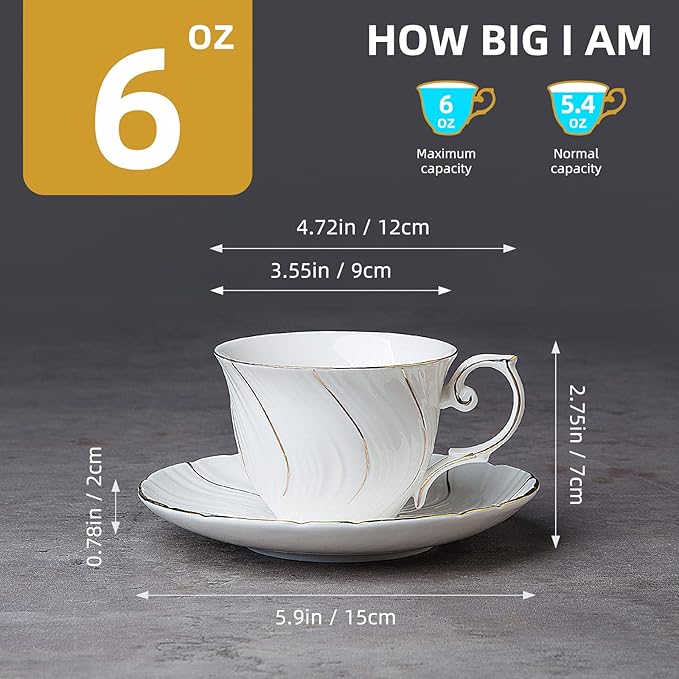 Tea Cups Set Of 6, Tea Cup And Saucer Set,6oz for Tea,Coffee, Latte, Cafe Mocha, Porcelain Tea Party Set (White with gold thread set of 6)