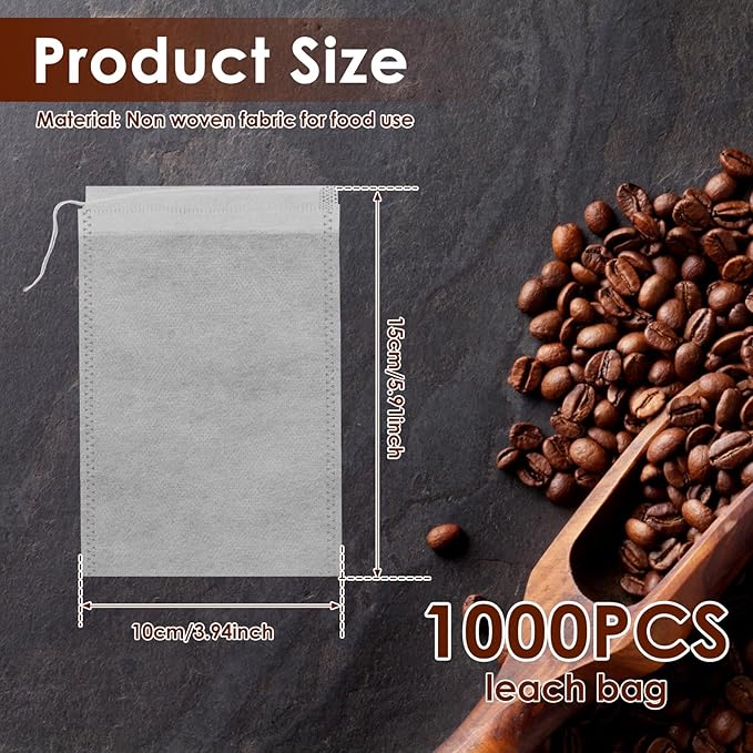 1000Pcs No Mess Cold Brew Coffee Filters, 4x6 Inch Disposable Coffee Filter Bag with Drawstring, Fine Mesh Brewing Bags for Loose Leaf Tea, Iced Coffee and Herbs