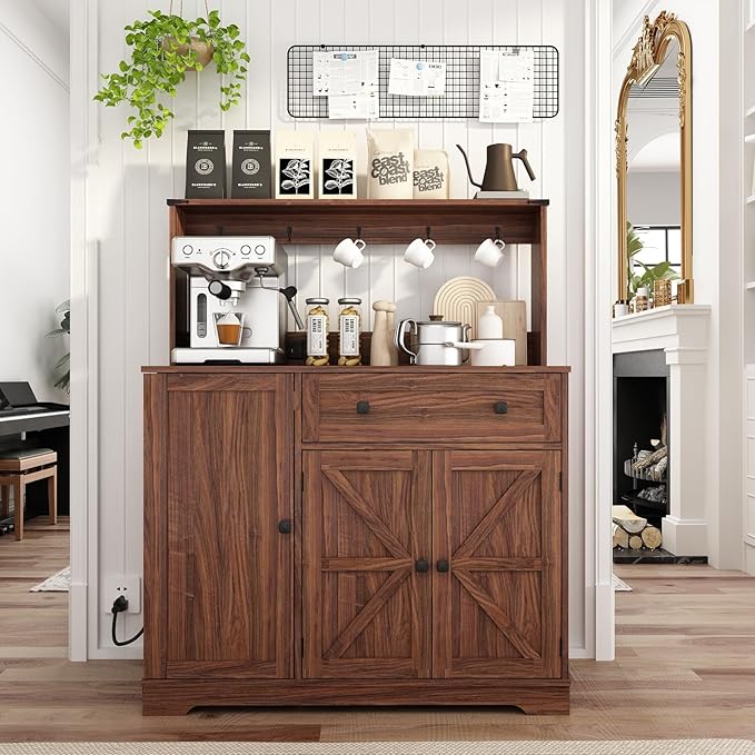 Wnutress Farmhouse Coffee Bar Cabinet with Drawer, 39" Kitchen Hutch Sideboard Buffet Cabinet with Charging Station and Adjustable Shelves, Coffee Bar Storage Table for Living Room, Dining Room, Brown