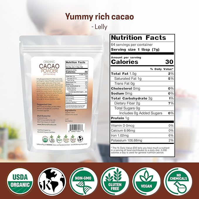 Z Natural Foods Organic Cacao Powder - Unsweetened Nutrient-Dense Superfood for Healthy Aging - Extra-Rich Dark Chocolate Flavor Perfect for Chocolate Recipes, Shakes or Smoothies, 1 lb