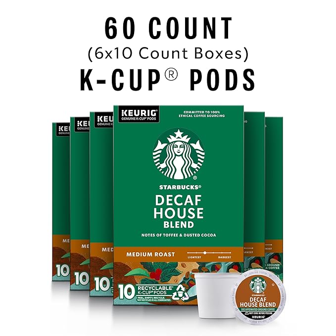 Starbucks K-Cup Coffee Pods, Medium Roast Hot or Iced Coffee, Decaf House Blend, 60 Keurig Pods