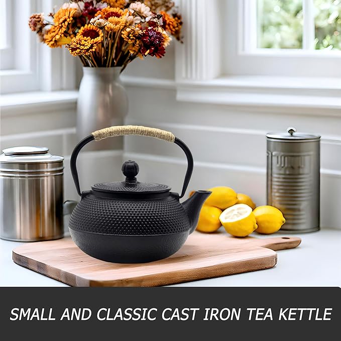 20.3oz Small Cast Iron Teapot Set with Warmer, Japanese Black Tea Kettle for Stovetop Safe, Teapot and Cups Set, Tea Pot with Stainless Steel Infuser for Loose Tea(600ml)